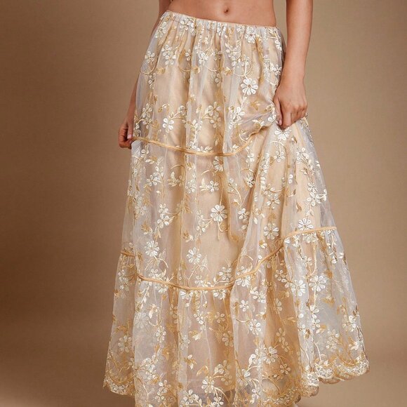 White Boho Women's Embroidered Floral Mesh Drawstring Tiered Flowy Maxi Skirt - Picture 3 of 6